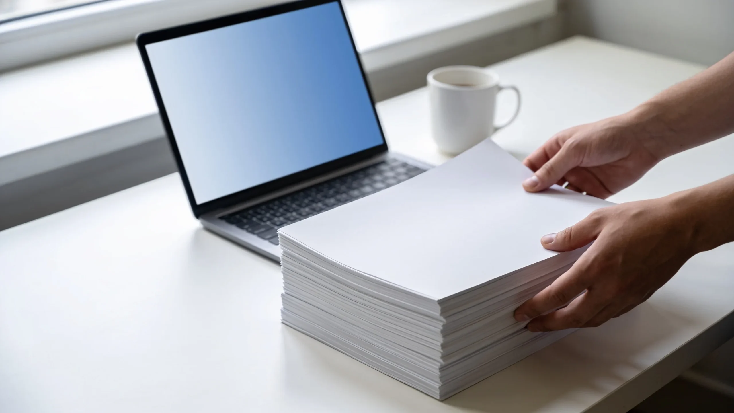 Pila de folios junto a un portatil que representa resumir un PDF extenso con IA