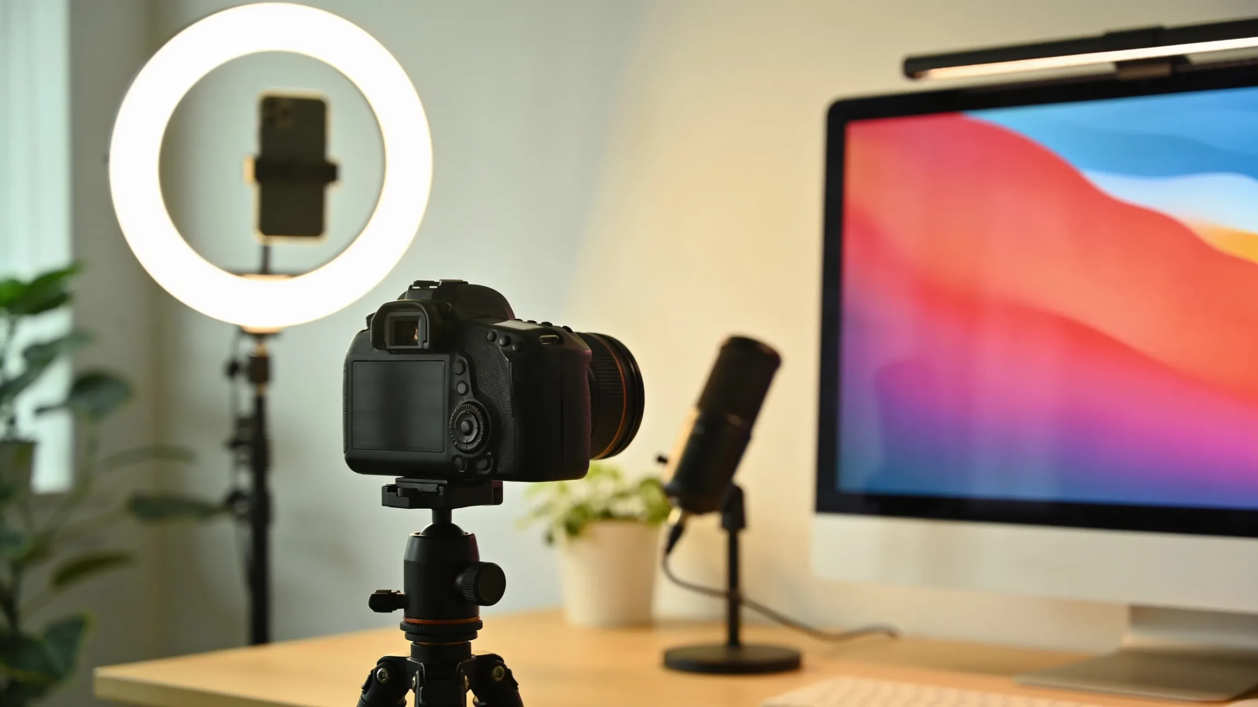 Escritorio de creador de contenido con camara, aro de luz, microfono y monitor
