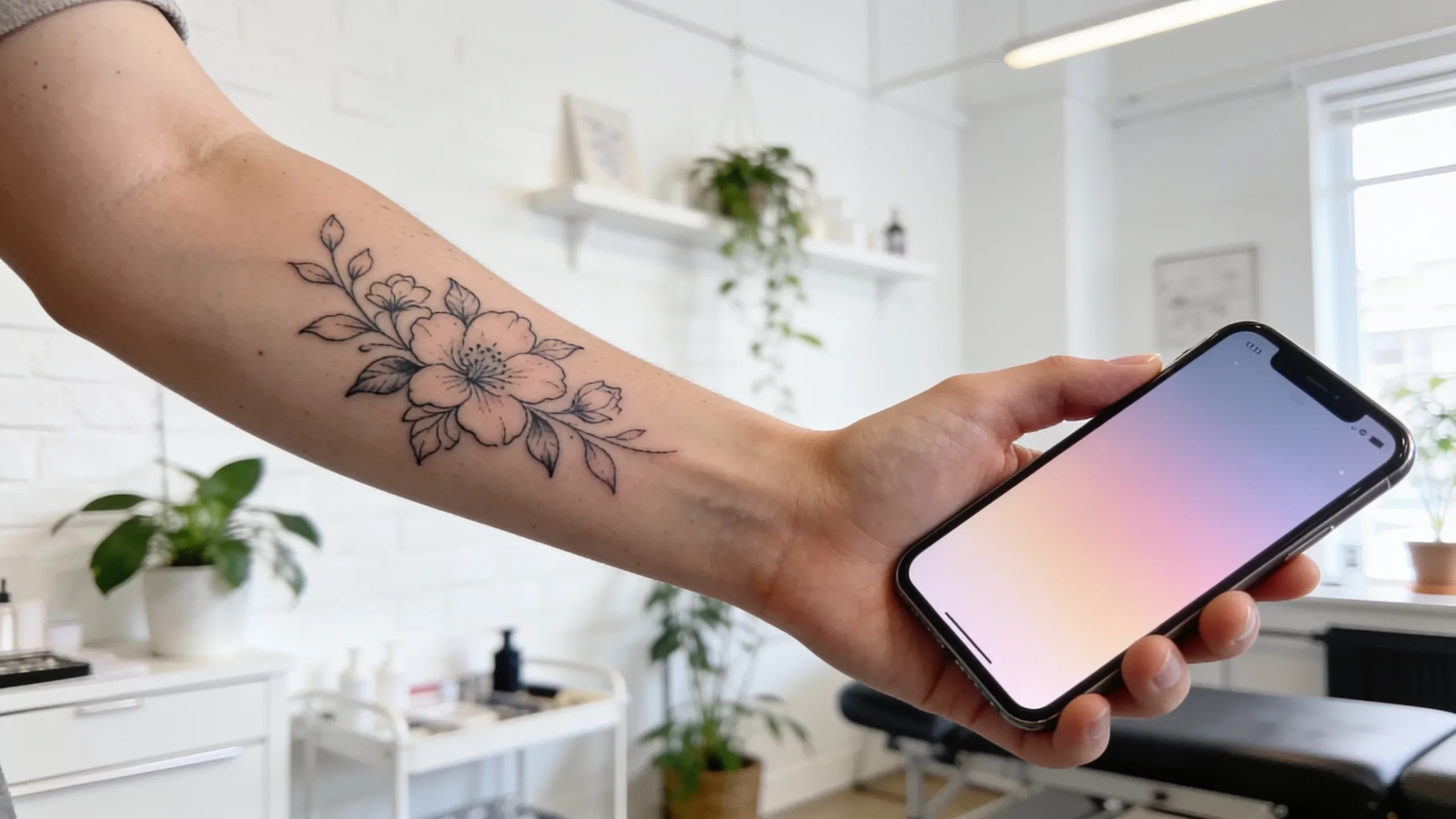 Antebrazo con tatuaje floral simulado junto a un movil en un estudio de tatuajes