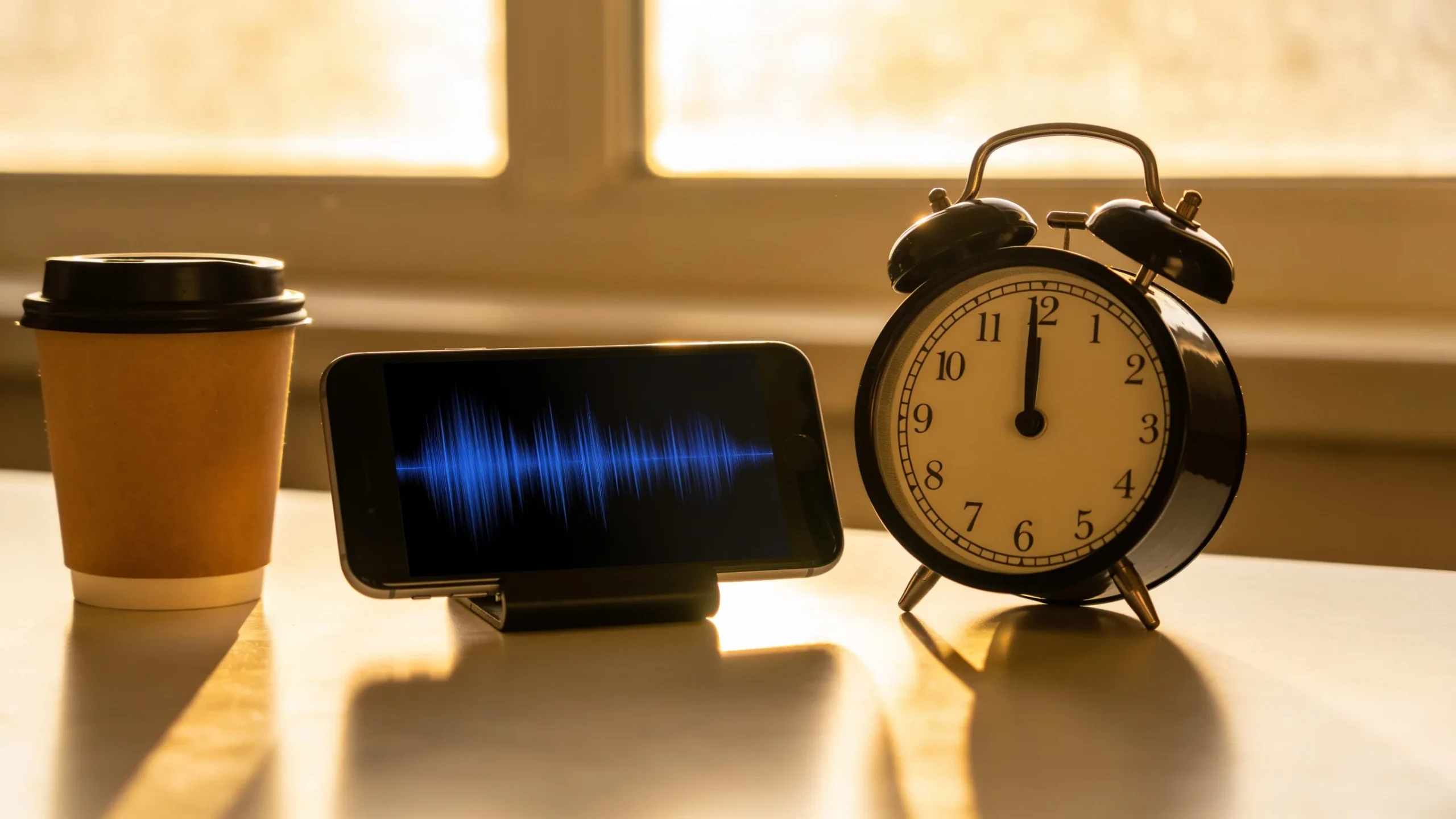 Despertador clasico junto a un movil en un soporte al amanecer. Tareas programadas chatgpt