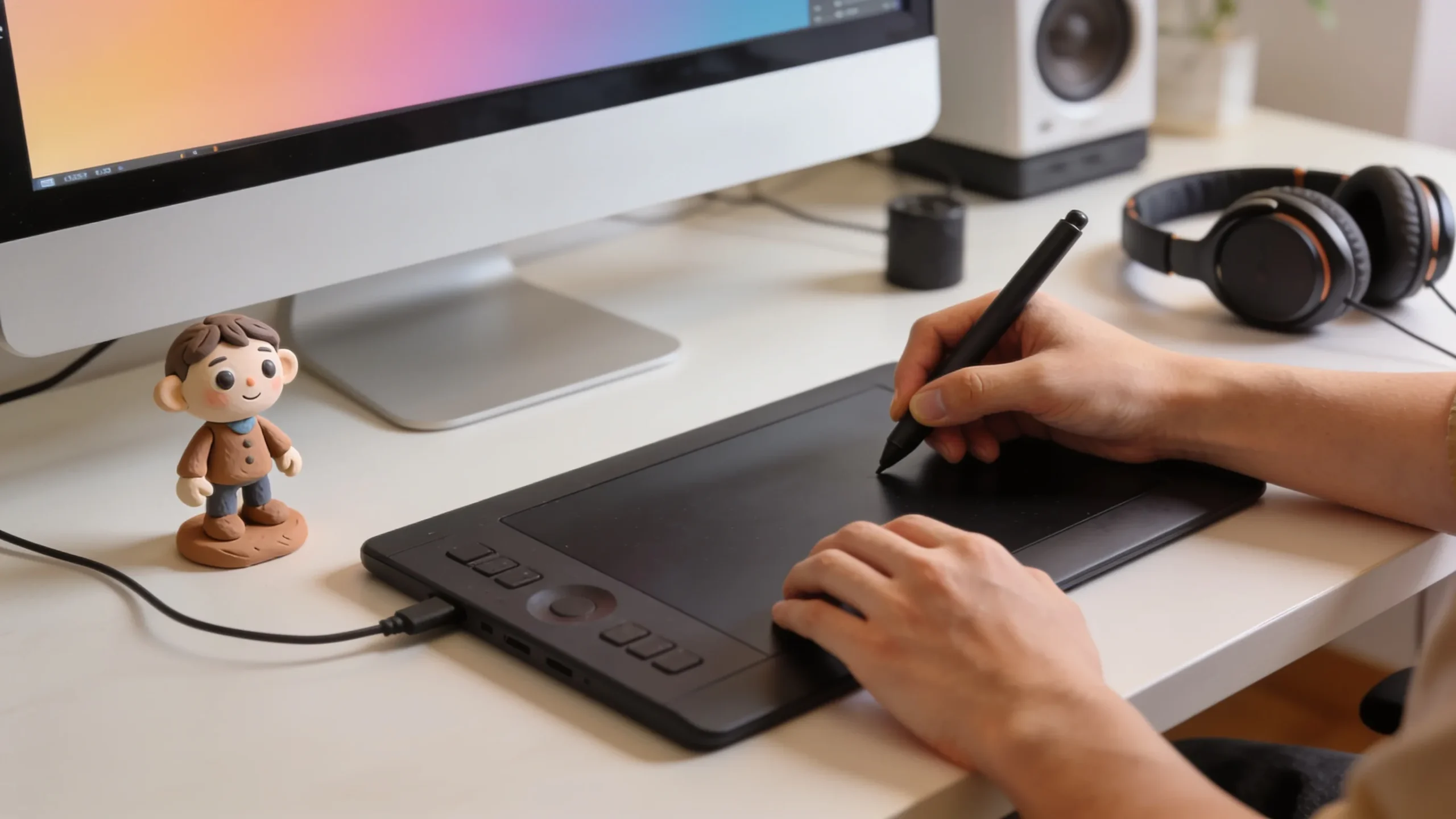 Escritorio de animacion digital con tableta grafica y figura de personaje para crear un video animado con IA