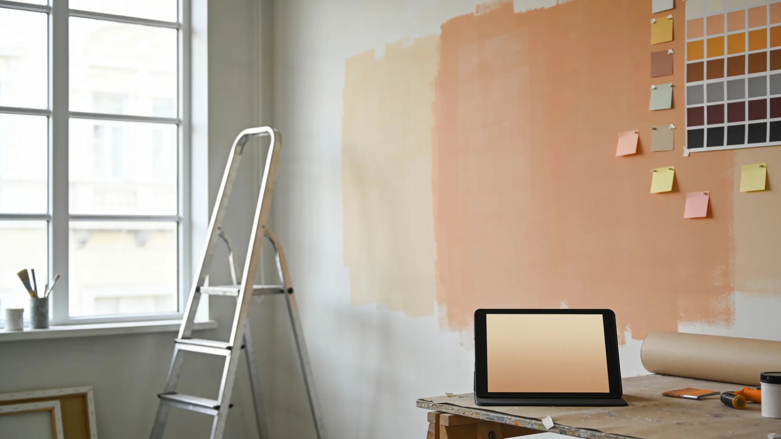 Salon a medio pintar con muestras de color en la pared y una tableta sobre la mesa de trabajo