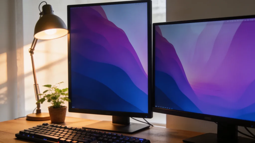 Escritorio de programador con dos monitores encendidos, teclado mecanico y lampara