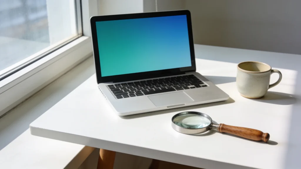 Escritorio blanco con un portatil y una lupa de mango de madera junto a una ventana