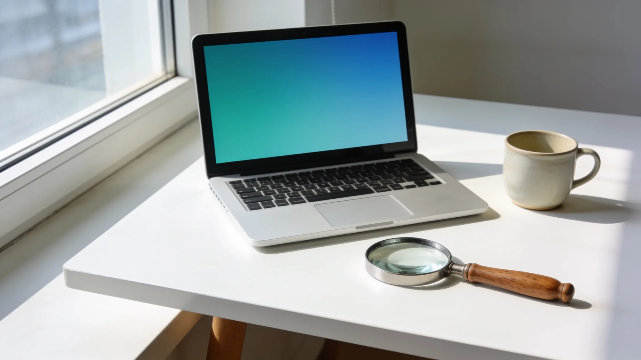 Escritorio blanco con un portatil y una lupa de mango de madera junto a una ventana