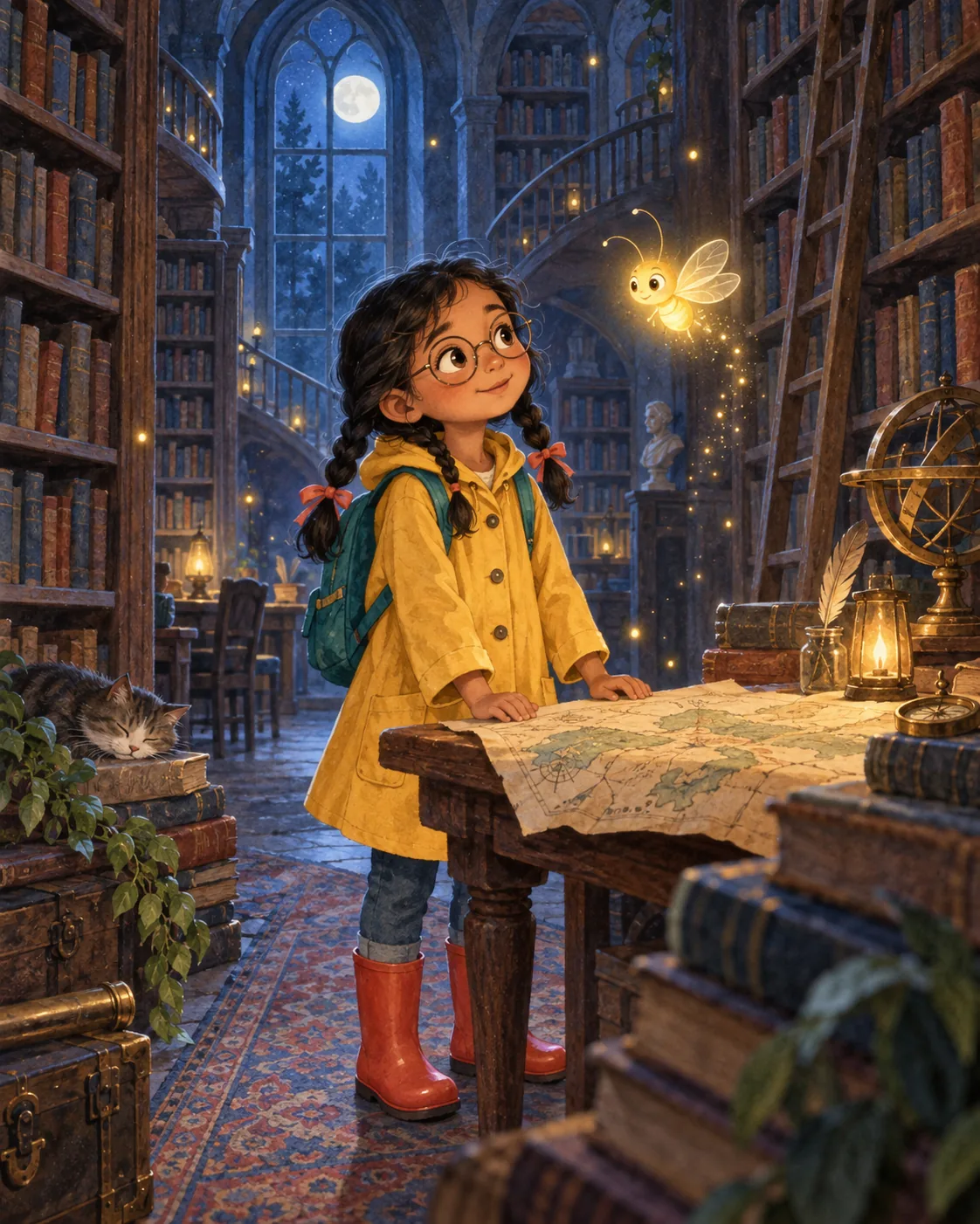 Crear un cuento infantil con IA: protagonista Nora en una biblioteca mágica