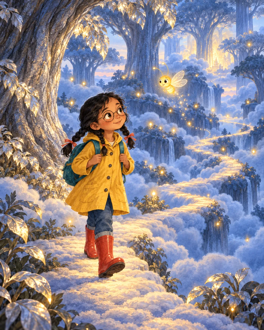 Ilustración de cuento infantil con IA de una niña en un bosque de nubes