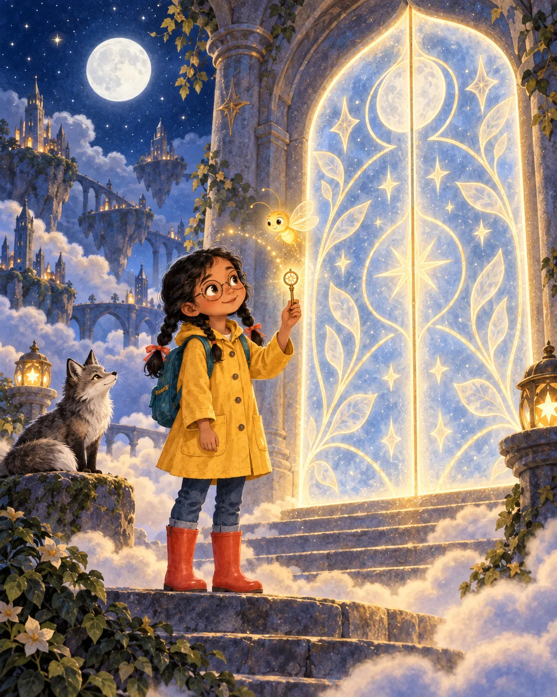 Final de cuento infantil con IA frente a una puerta de luna