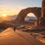 Fotos de viaje en láminas con IA: foto de entrada de un desierto rocoso