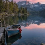 Fotos de viaje en láminas con IA: foto de entrada de un lago de montaña