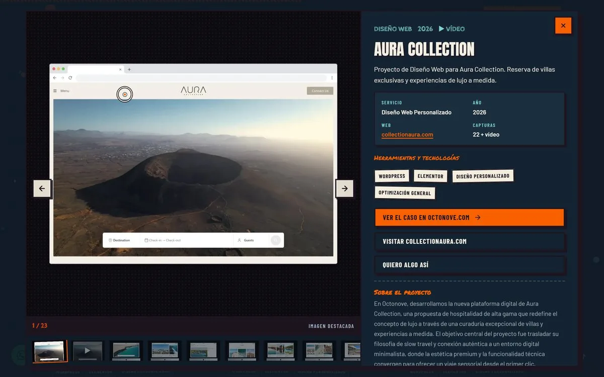 Ficha de proyecto con galería de imágenes dentro de la landing page 3D