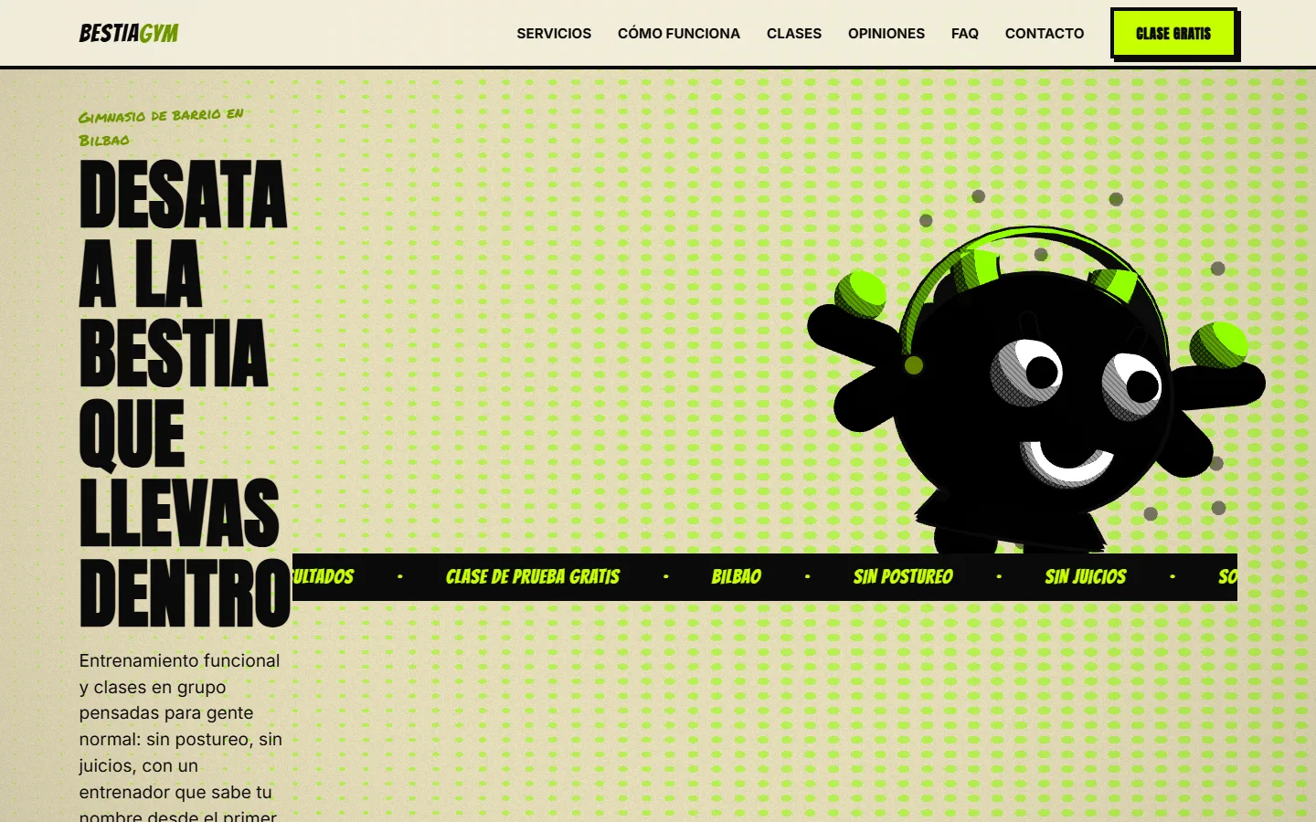 Landing page 3D de un gimnasio creada con IA con una pesa rusa como personaje