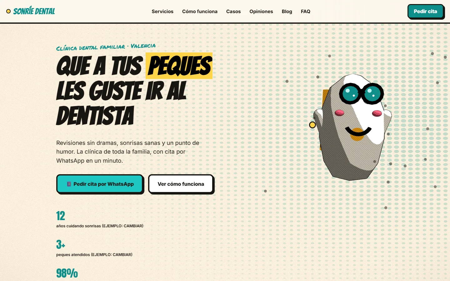 Landing page con IA para una clínica dental con un diente con gafas como personaje