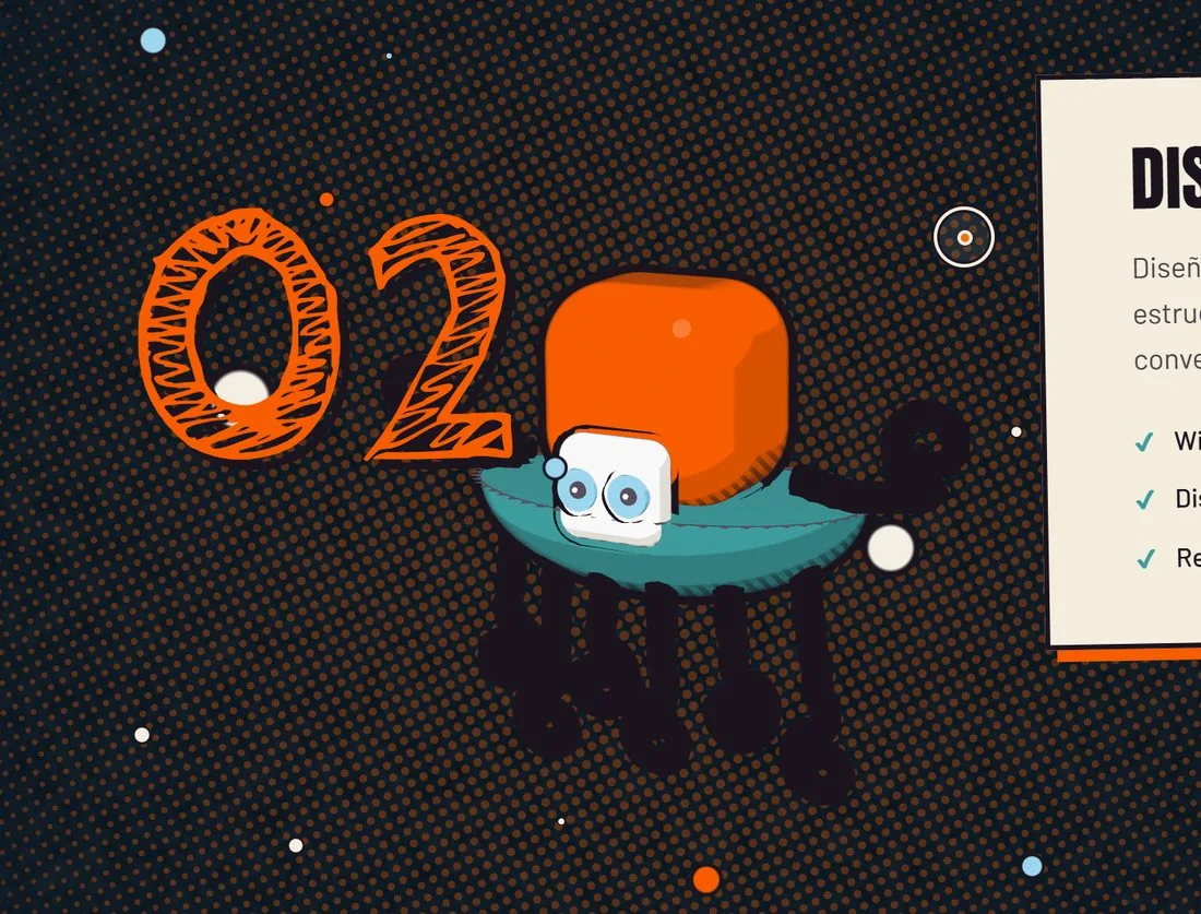 El personaje 3D cruza la pantalla al hacer scroll en la landing page