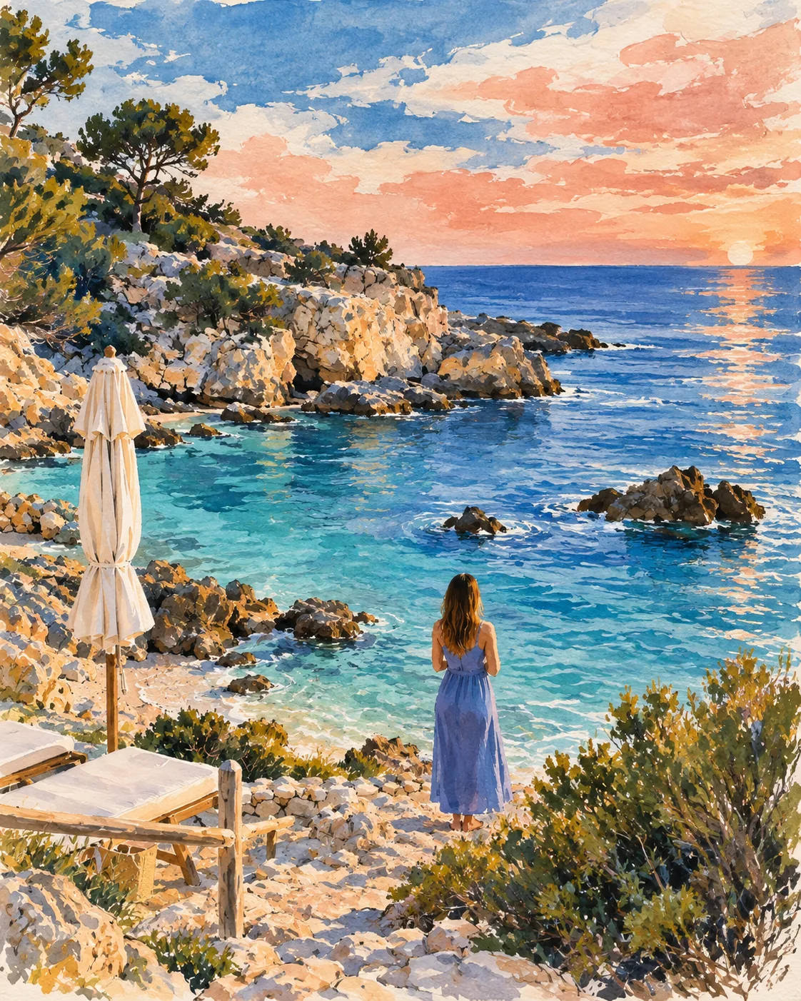 Fotos de viaje en láminas con IA: resultado gouache de una cala mediterránea
