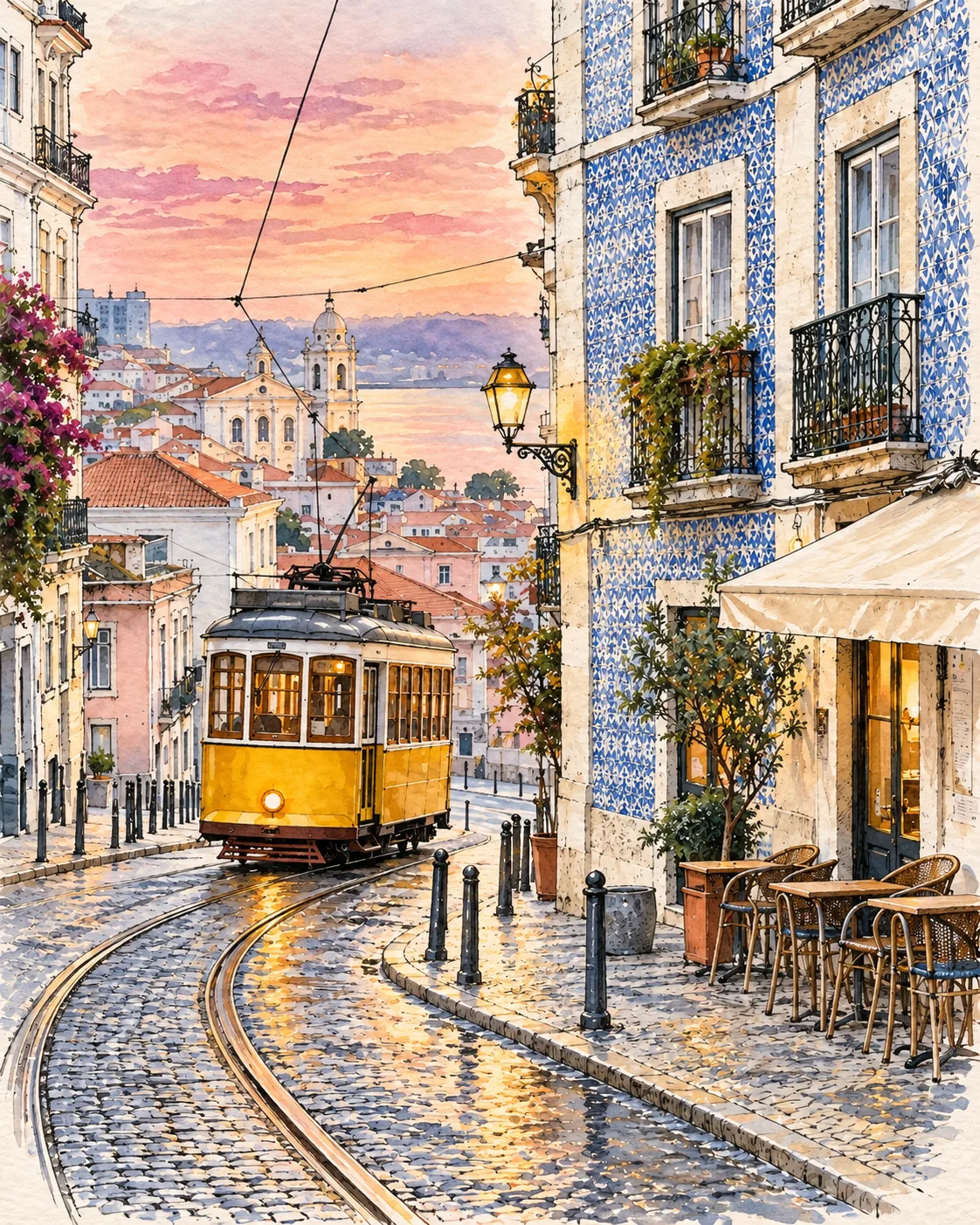 Fotos de viaje en láminas con IA: resultado acuarela de una calle de Lisboa