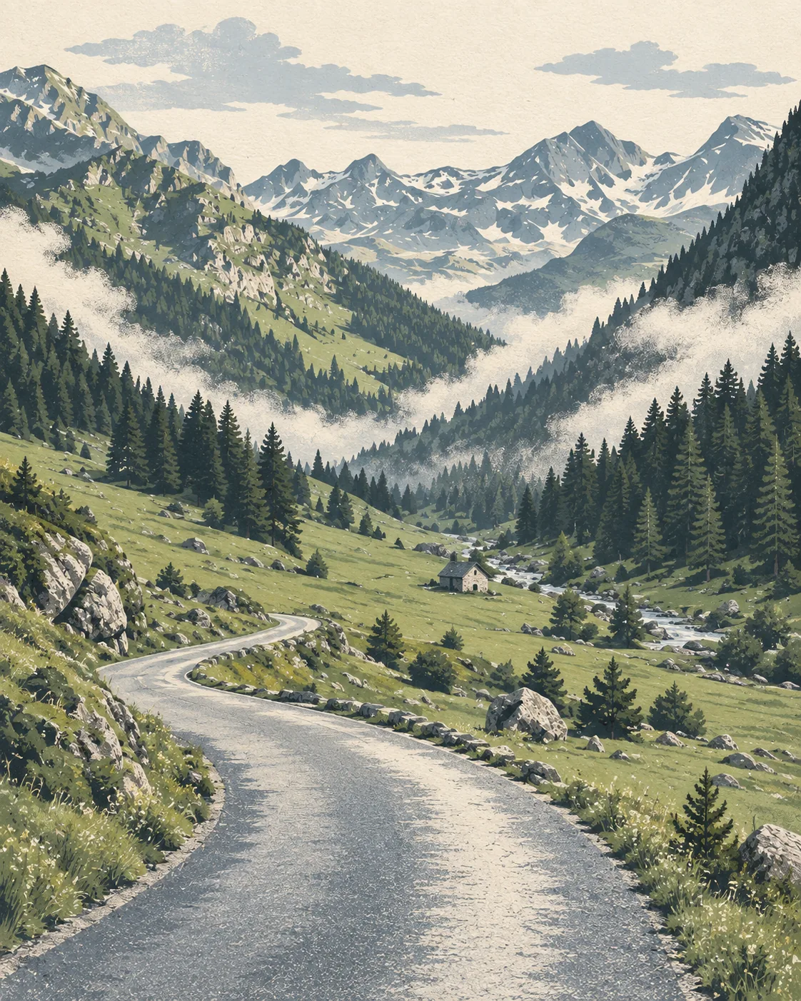 Fotos de viaje en láminas con IA: resultado serigrafía de un valle de los Pirineos