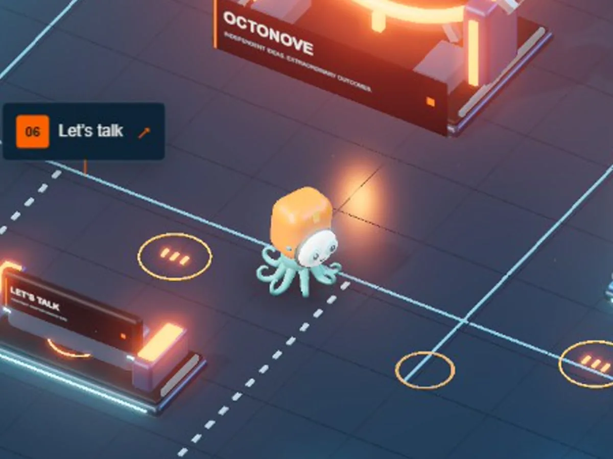 Cómo crear una web 3D con IA: mascota pulpo caminando entre los edificios de un mundo isométrico