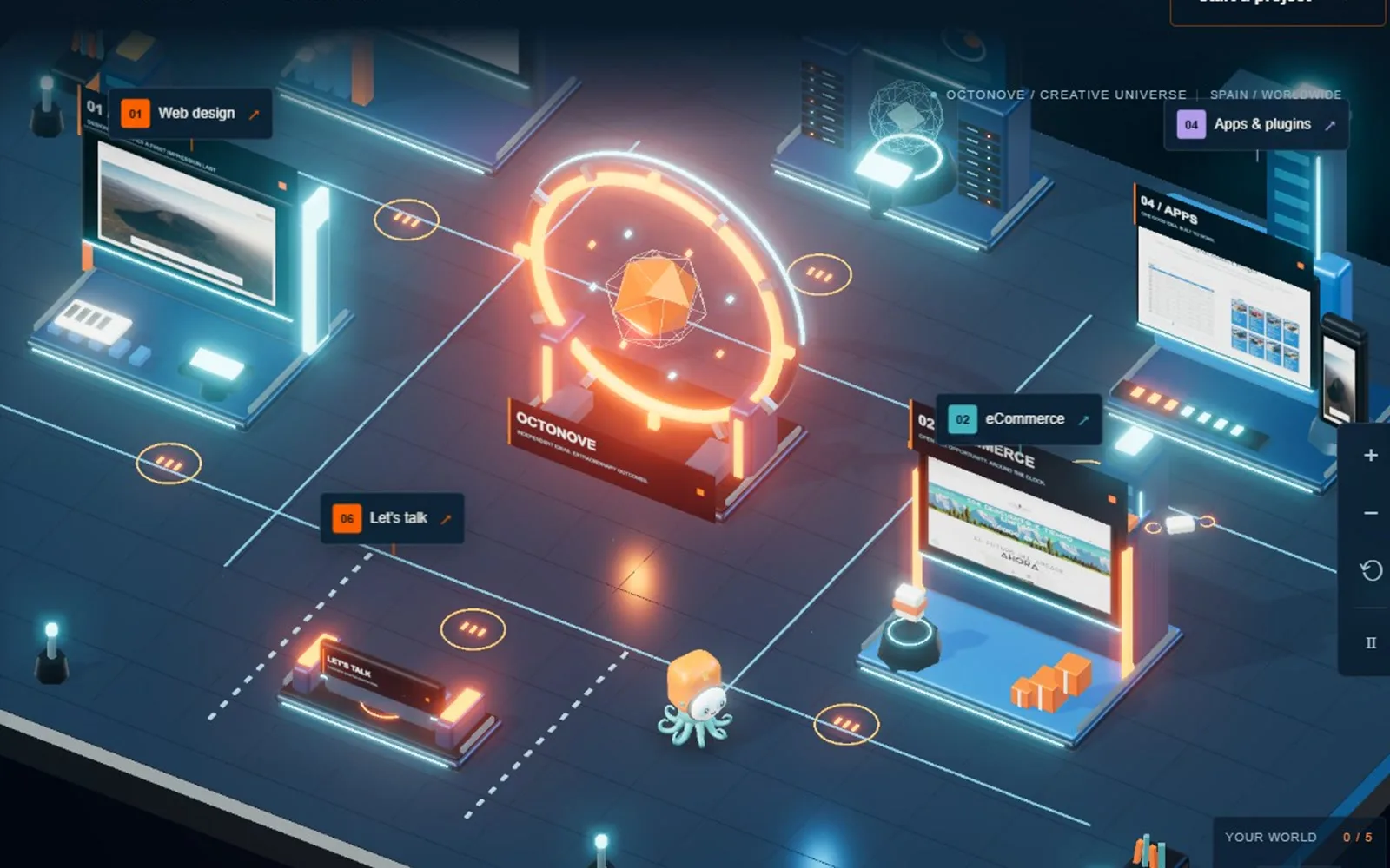 Web convertida en un mundo 3D isométrico con IA: distritos iluminados alrededor de un núcleo central y una mascota pulpo