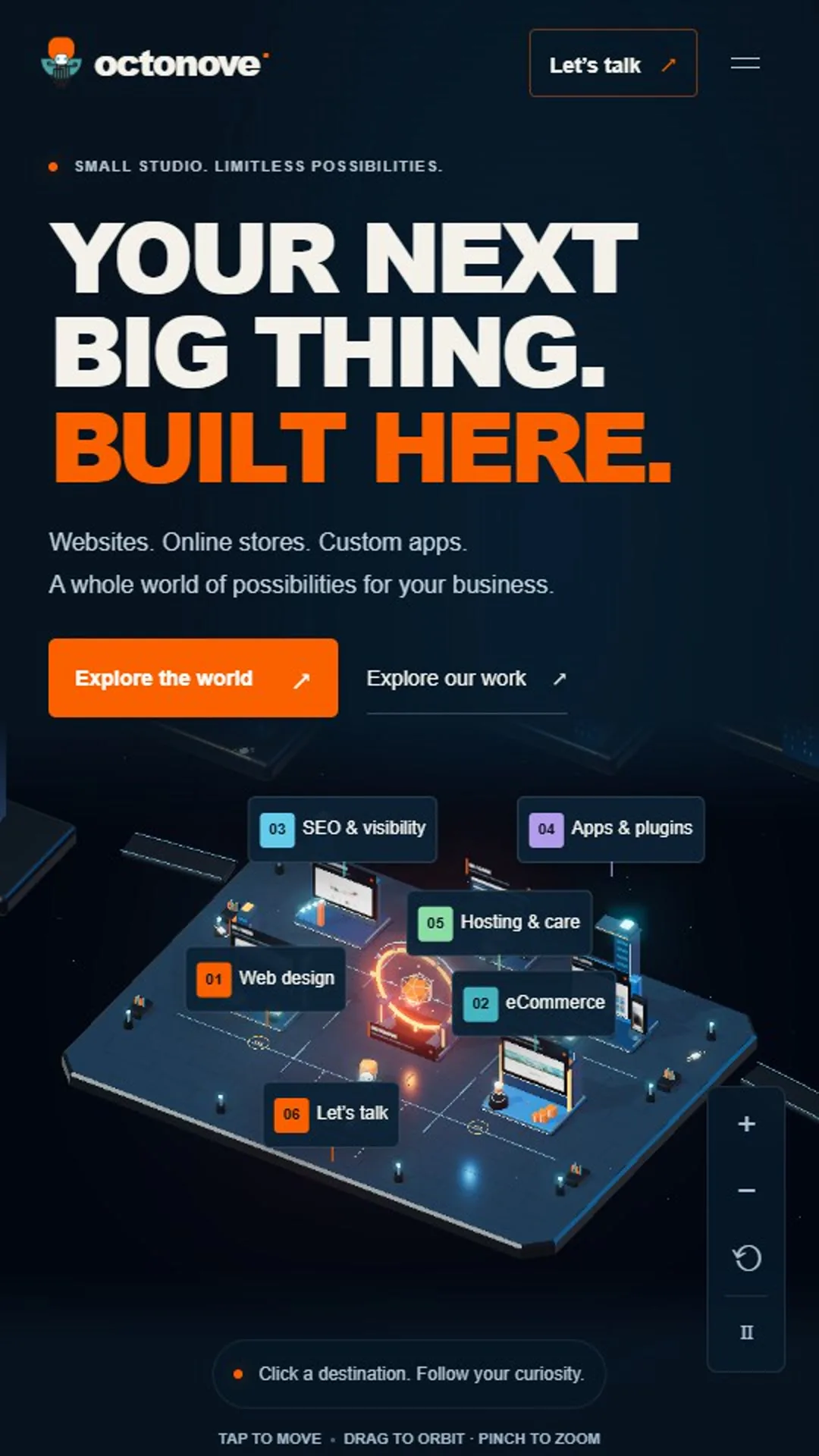 Versión móvil de una web en mundo 3D hecha con IA: portada con el mundo en una franja táctil