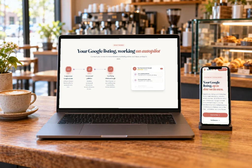 BotSEOia, nuestro SaaS de SEO local, en un portátil y un móvil sobre el mostrador de una cafetería: el perfil de Google Business se actualiza en piloto automático