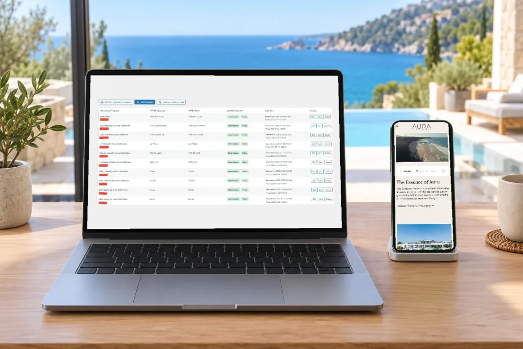 Panel de sincronización de reservas y precios de 10 villas de lujo con Hostaway en un portátil y la web de reservas de la empresa en el móvil