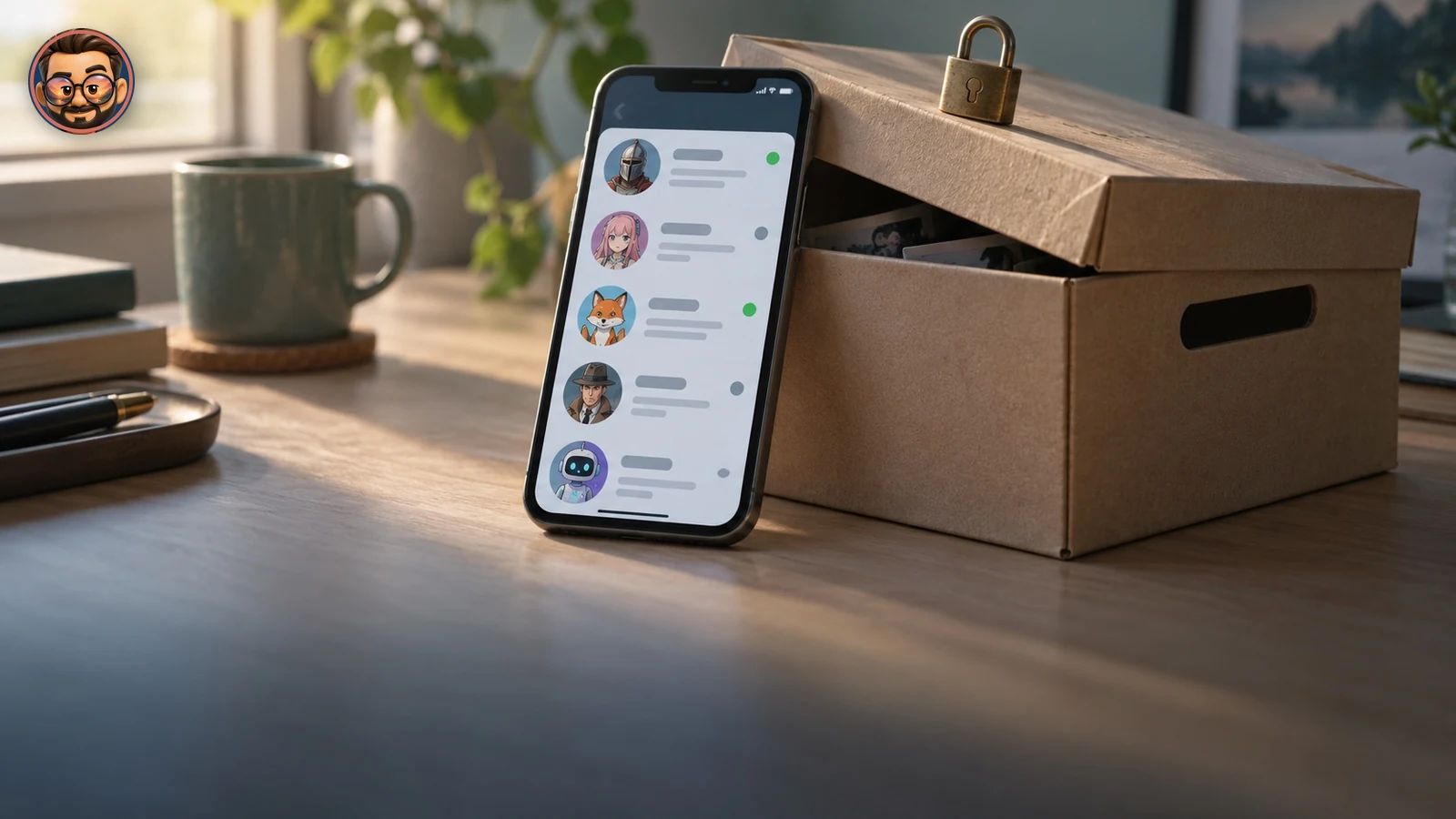 Móvil con una app de chat con personajes de ficción junto a una caja de archivo con un candado