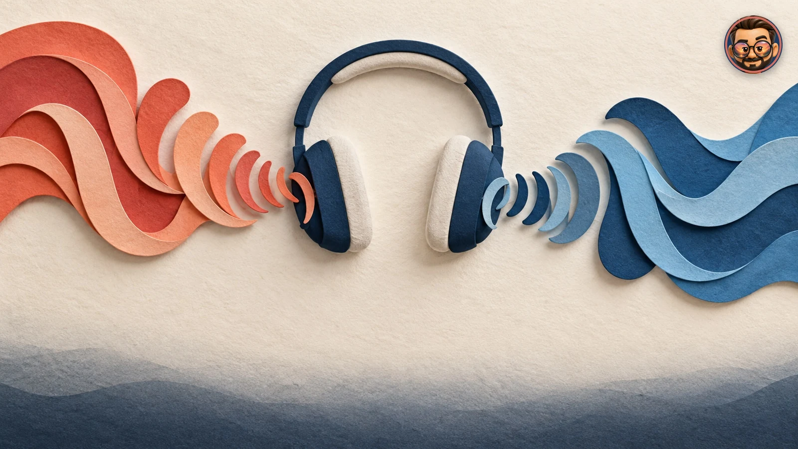 Auriculares entre ondas de voz de papel coral y azul, con el sello de Simón.