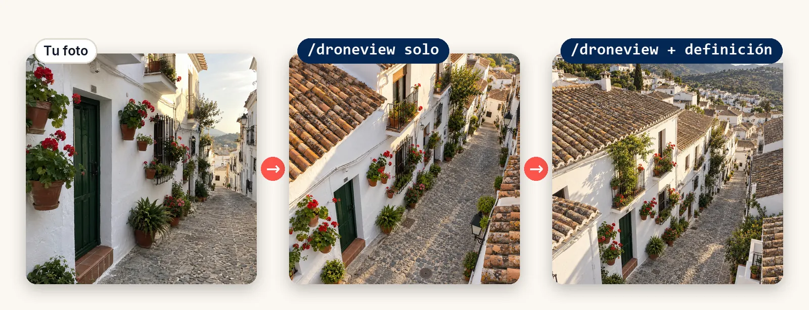 Tres fotos de la misma calle de pueblo. La original, a la altura de los ojos. Con /droneview solo, una vista algo elevada desde un balcón. Con /droneview y su definición, una vista aérea de dron con todo el pueblo y las montañas.