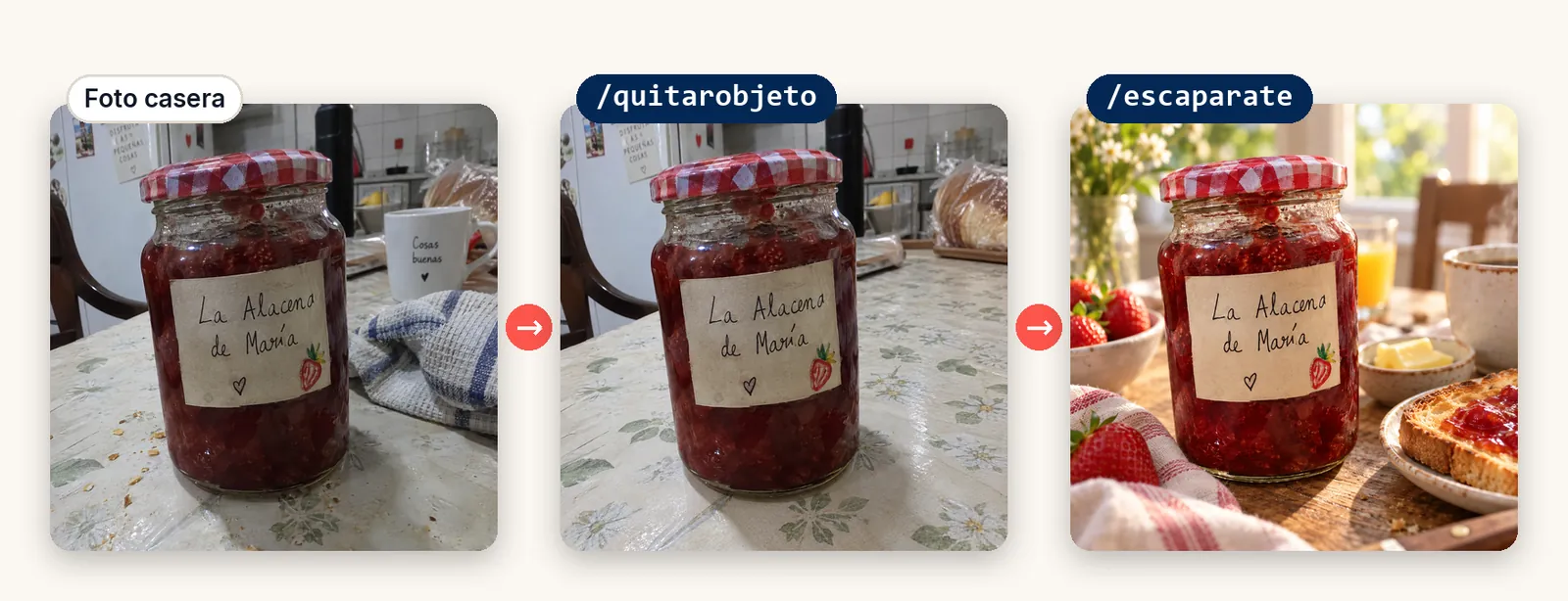 Tres fotos del mismo tarro de mermelada: la foto casera con un trapo y una taza; la misma foto sin el trapo, la taza ni las migas; y el tarro en una mesa de desayuno con pan tostado y luz de mañana.