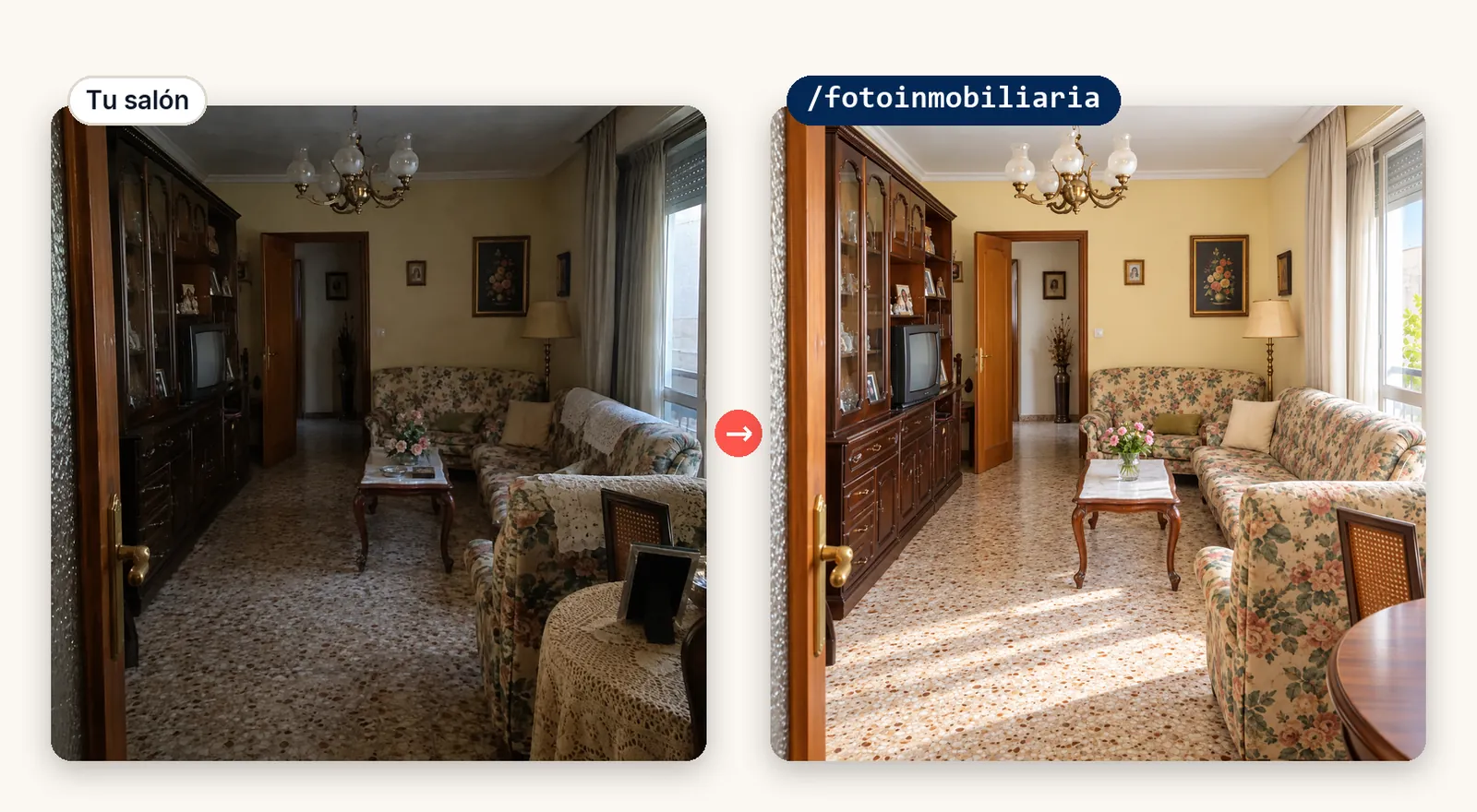 Salón anticuado con poca luz y objetos sueltos; al lado, el mismo salón con los mismos muebles, más luminoso, enderezado y despejado.
