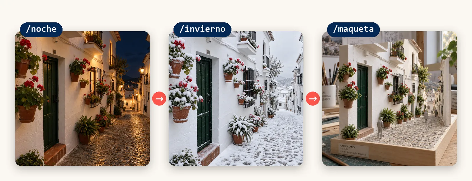 Tres resultados a partir de la misma calle de pueblo: de noche con las farolas encendidas, nevada en pleno invierno y convertida en una maqueta de arquitecto sobre una mesa.