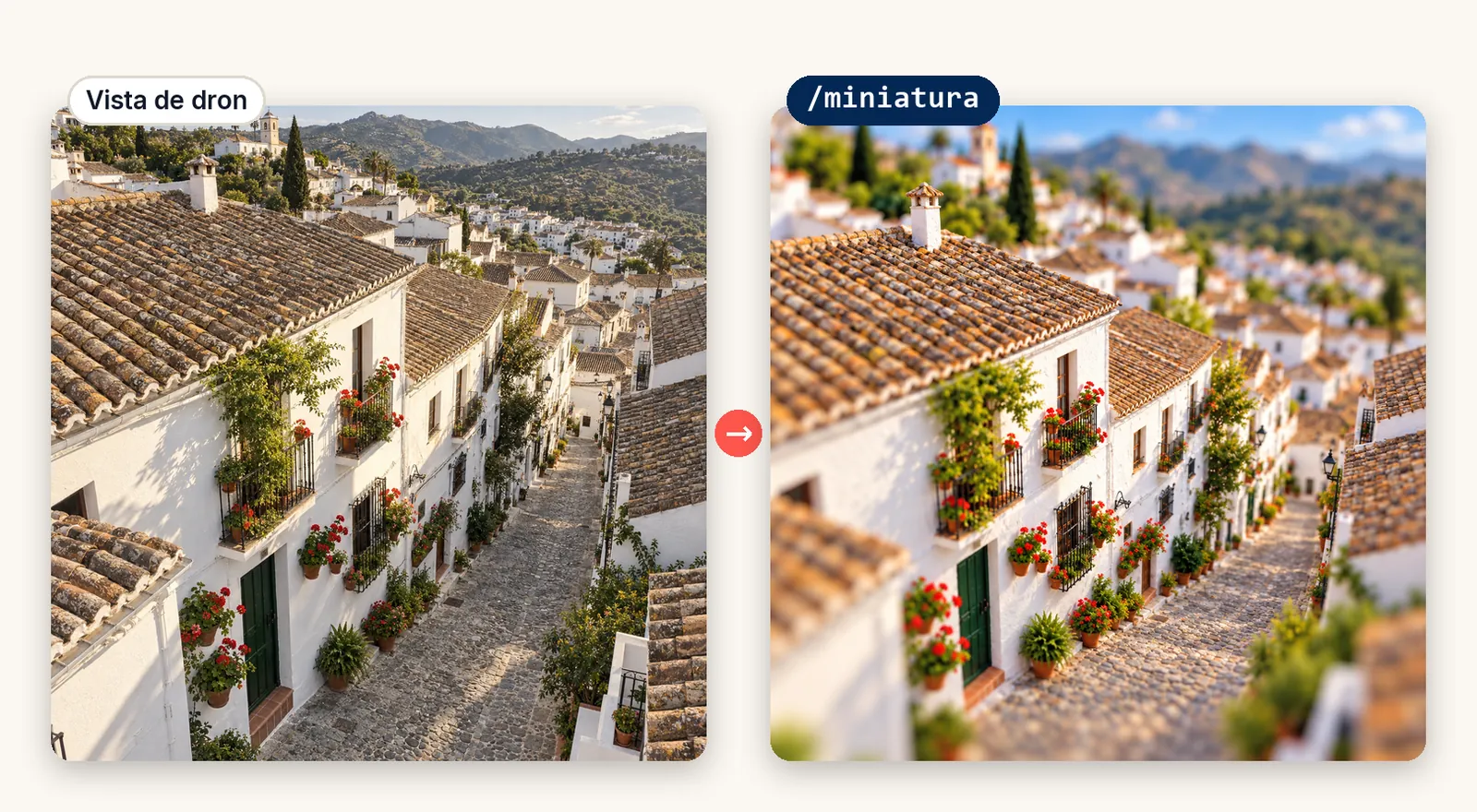 Vista aérea de un pueblo blanco y, al lado, la misma escena convertida en una maqueta en miniatura con efecto tilt-shift y aspecto de juguete.