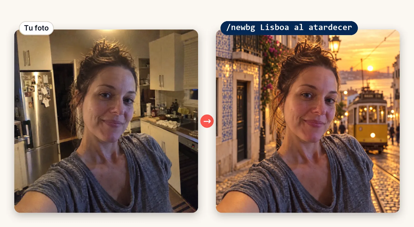 Selfie de una mujer en su cocina y, al lado, el mismo selfie con una calle de Lisboa al atardecer y un tranvía amarillo de fondo.