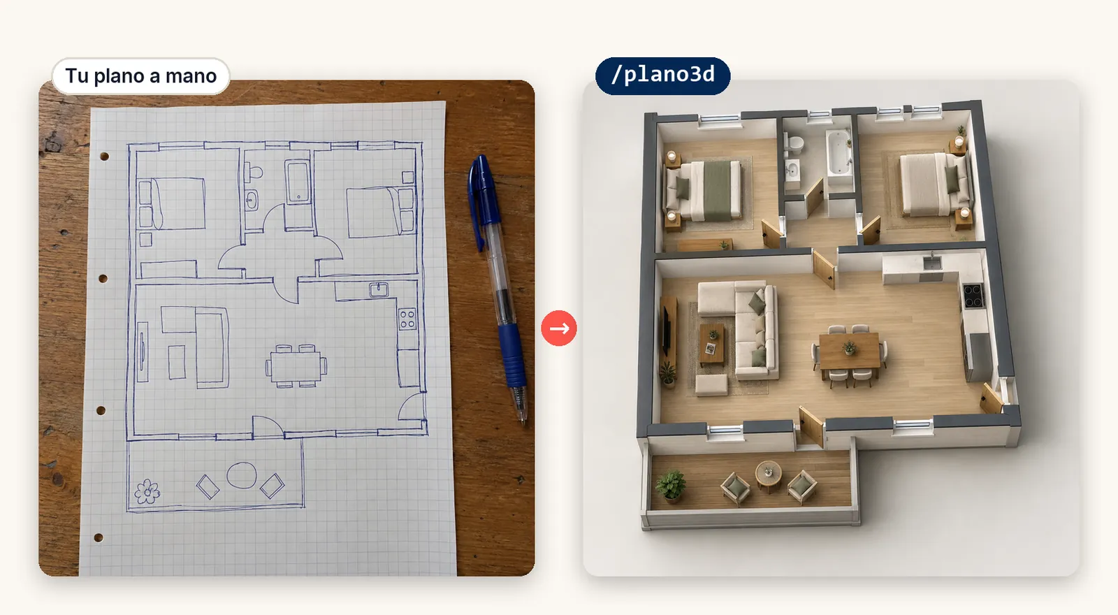 Plano de un piso dibujado a mano con bolígrafo azul sobre papel cuadriculado; al lado, el mismo piso convertido en maqueta 3D isométrica amueblada y sin techo.