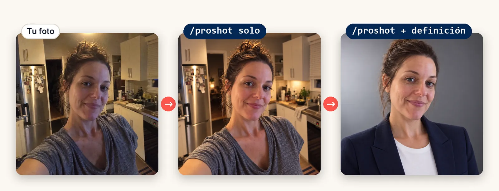 Tres fotos de la misma mujer. La primera es un selfie de noche en su cocina. La segunda, con /proshot solo, es casi igual. La tercera, con /proshot y su definición, es un retrato de estudio con americana azul marino y fondo gris.