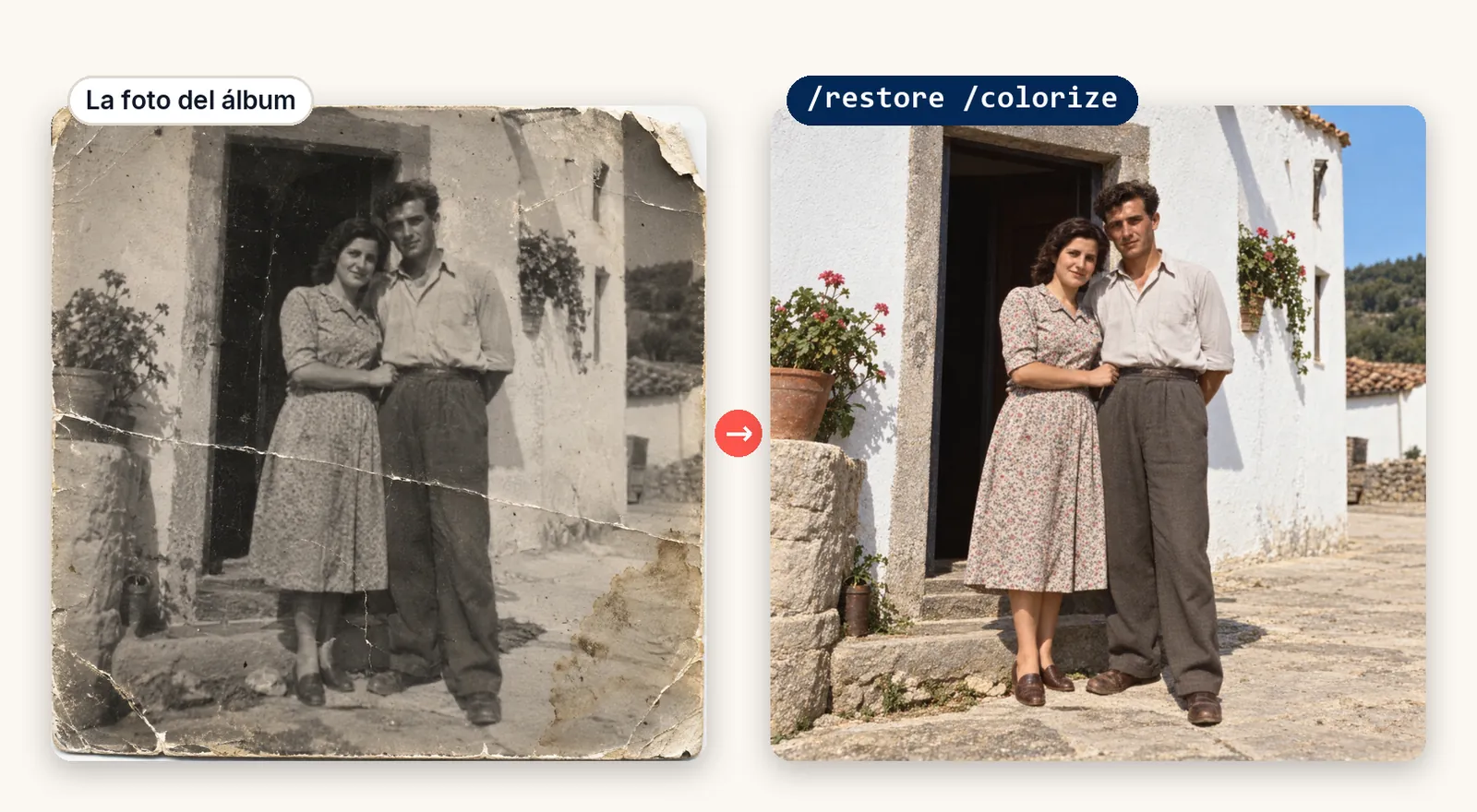 Foto antigua en blanco y negro de una pareja ante una casa encalada, con arañazos, manchas y una esquina rota; al lado, la misma foto restaurada y coloreada con tonos naturales.