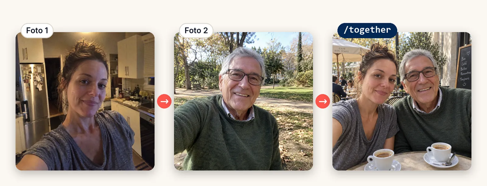 Selfie de una mujer en su cocina y selfie de un hombre mayor con gafas en un parque; al lado, los dos juntos sonriendo en la terraza de un bar con dos cafés.