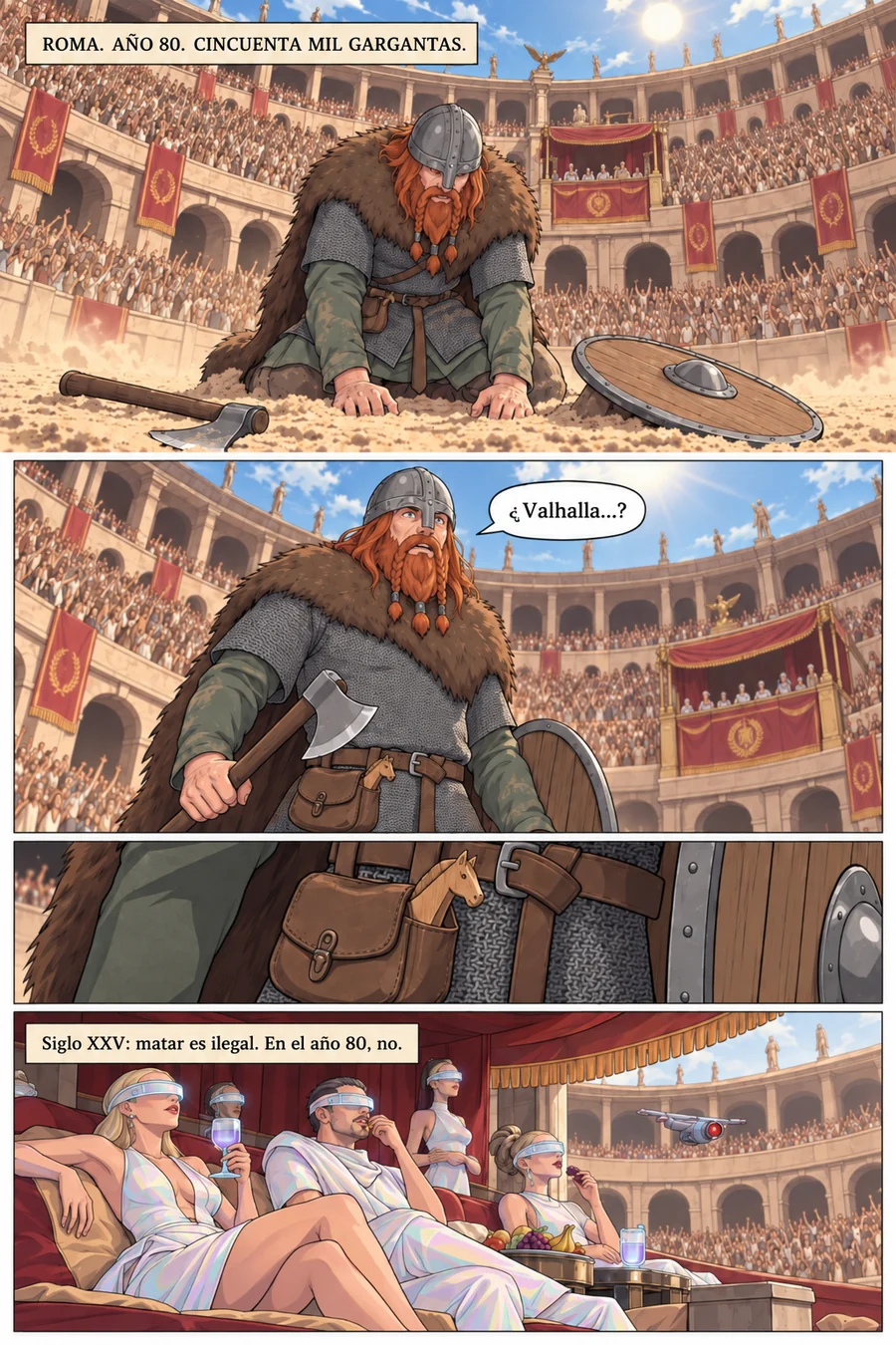 Página 2 de El Coliseo de los Muertos: un vikingo despierta de rodillas en la arena del Coliseo, pregunta si es el Valhalla y en el palco gente rica del futuro mira mientras come