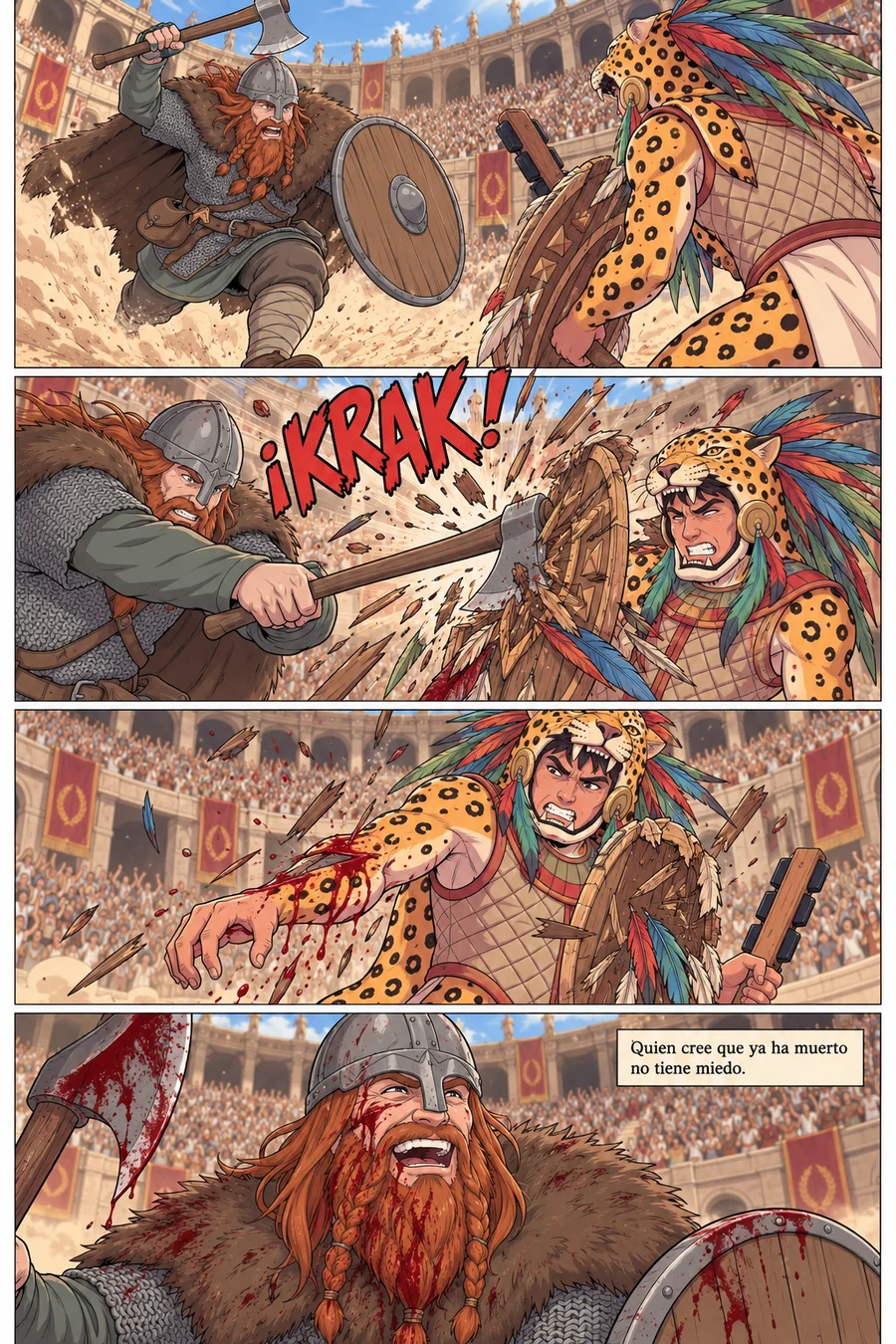 Página 4 de El Coliseo de los Muertos: el vikingo carga con el hacha, el hacha revienta el escudo de plumas del guerrero jaguar con un KRAK y el vikingo se ríe con un tajo en la mejilla