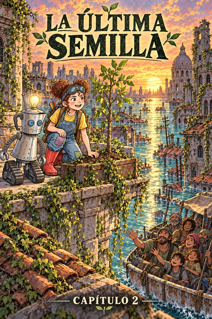 Portada del capítulo 2 de La última semilla: en una azotea, junto a un árbol joven, Lía y Tornillo ven llegar una barca llena de gente que viene a pedirles semillas