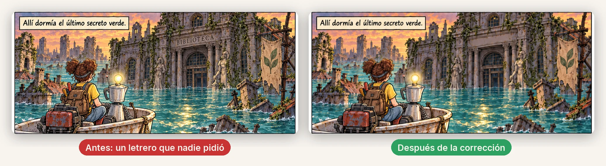 La misma viñeta antes y después de la corrección: a la izquierda, la fachada de la biblioteca con un letrero que nadie pidió; a la derecha, la misma viñeta sin el letrero