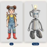 Hojas de personaje en acuarela con línea clara: Lía, niña con dos moños rizados, gafas de soldador, peto vaquero, botas rojas y una llave inglesa, y Tornillo, robot con cabeza de cafetera, antena con bombilla, brazos de muelle y ruedas de oruga