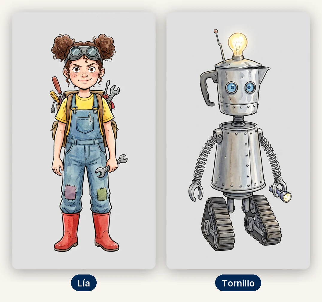 Hojas de personaje en acuarela con línea clara: Lía, niña con dos moños rizados, gafas de soldador, peto vaquero, botas rojas y una llave inglesa, y Tornillo, robot con cabeza de cafetera, antena con bombilla, brazos de muelle y ruedas de oruga