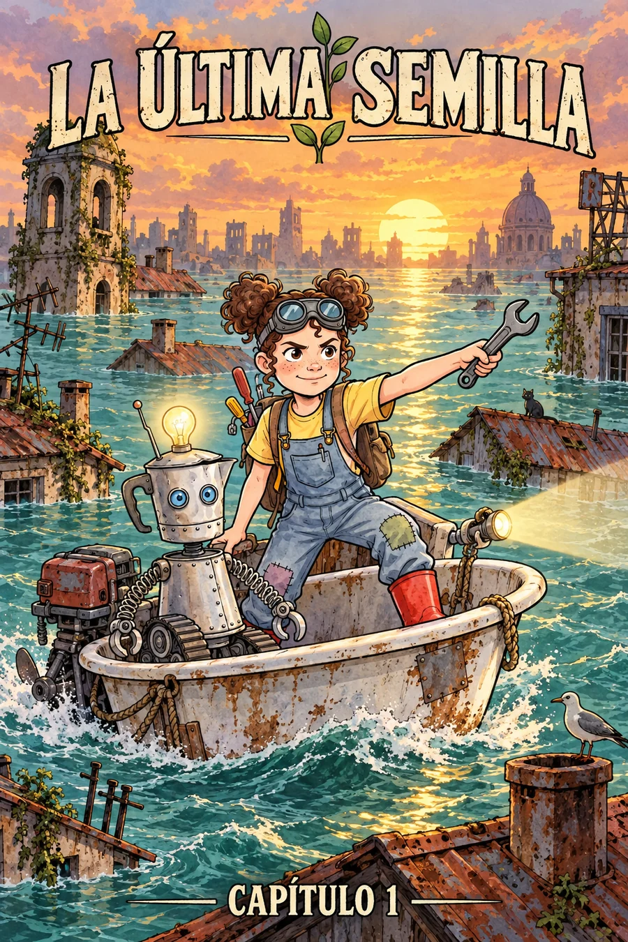 Portada de La última semilla, capítulo 1: Lía señala al frente con una llave inglesa desde una bañera con motor y el robot Tornillo ilumina el camino entre tejados que asoman del agua al atardecer