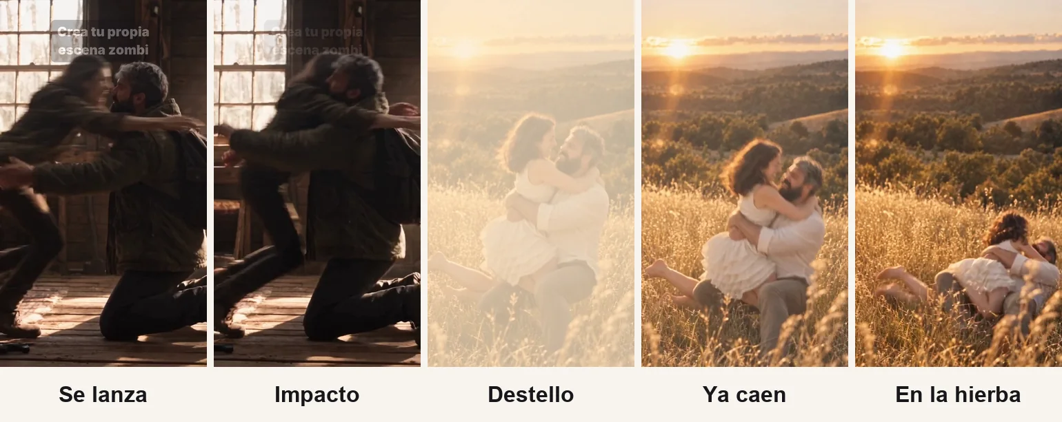 Cinco fotogramas seguidos del corte: ella se lanza contra él en la cabaña, el impacto, un destello blanco, los dos ya cayendo en el campo dorado y tumbados en la hierba