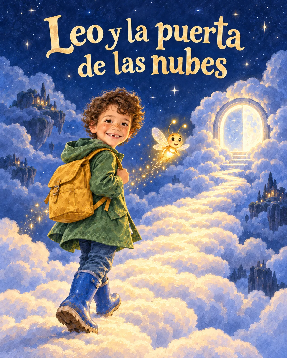 Portada del cuento personalizado «Leo y la puerta de las nubes», con el título escrito por la IA: Leo camina por un sendero de nubes hacia una puerta de luna