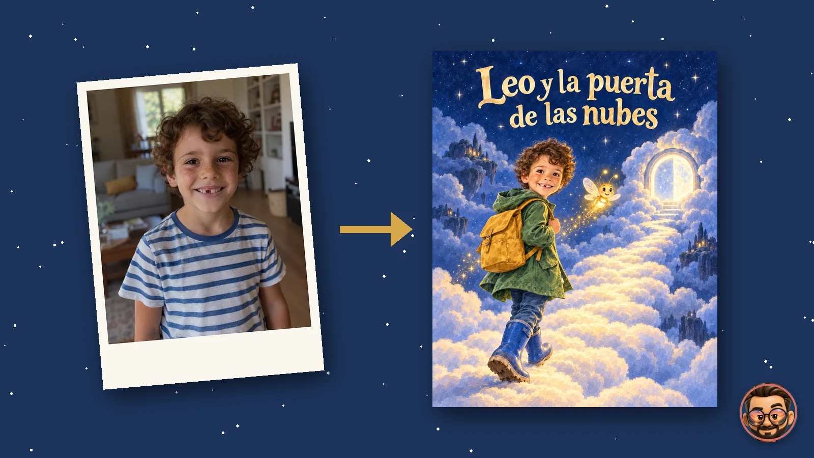 Crear un cuento infantil con IA a partir de la foto de tu hijo: la foto de Leo convertida en la portada de su cuento
