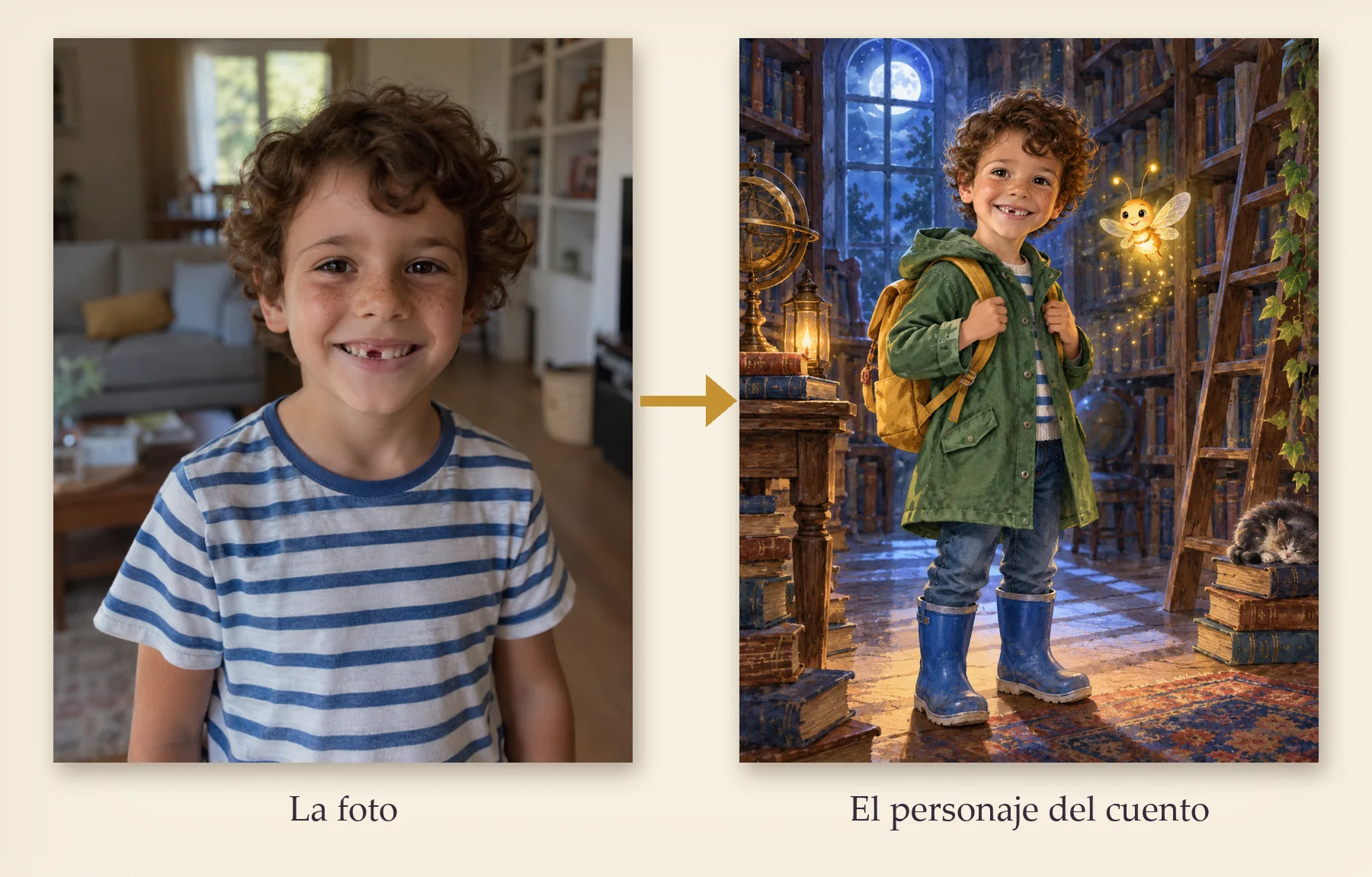 Cuento personalizado con IA: foto de un niño de seis años convertida en el protagonista ilustrado del cuento, con chubasquero verde y la luciérnaga Lumen