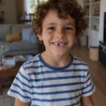 Foto de ejemplo de un niño de seis años con pelo rizado, pecas y camiseta de rayas para crear el protagonista de un cuento personalizado
